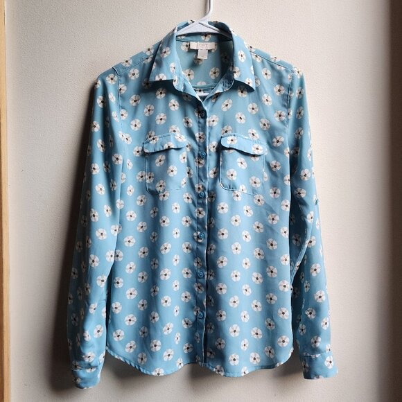 LOFT Blue Floral Button Down Shirt Size XS - Picture 6 of 14